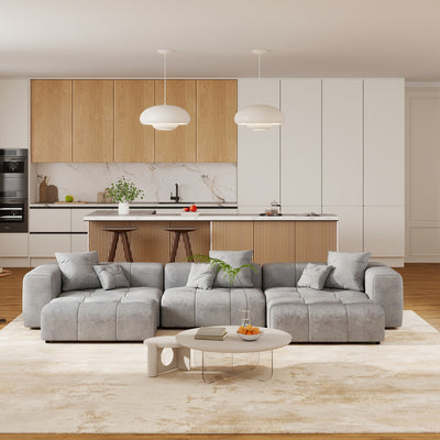 144" Modern White Linen Modular Sectional Sofa with 2 Ottomans - 3-Seater L-Shaped or U-Shaped Configurations, Plush Cushioned Deep Seat, Hardwood Frame & Chenille Fabric, Removable Washable Cover, Neutral-Toned Living Room C
