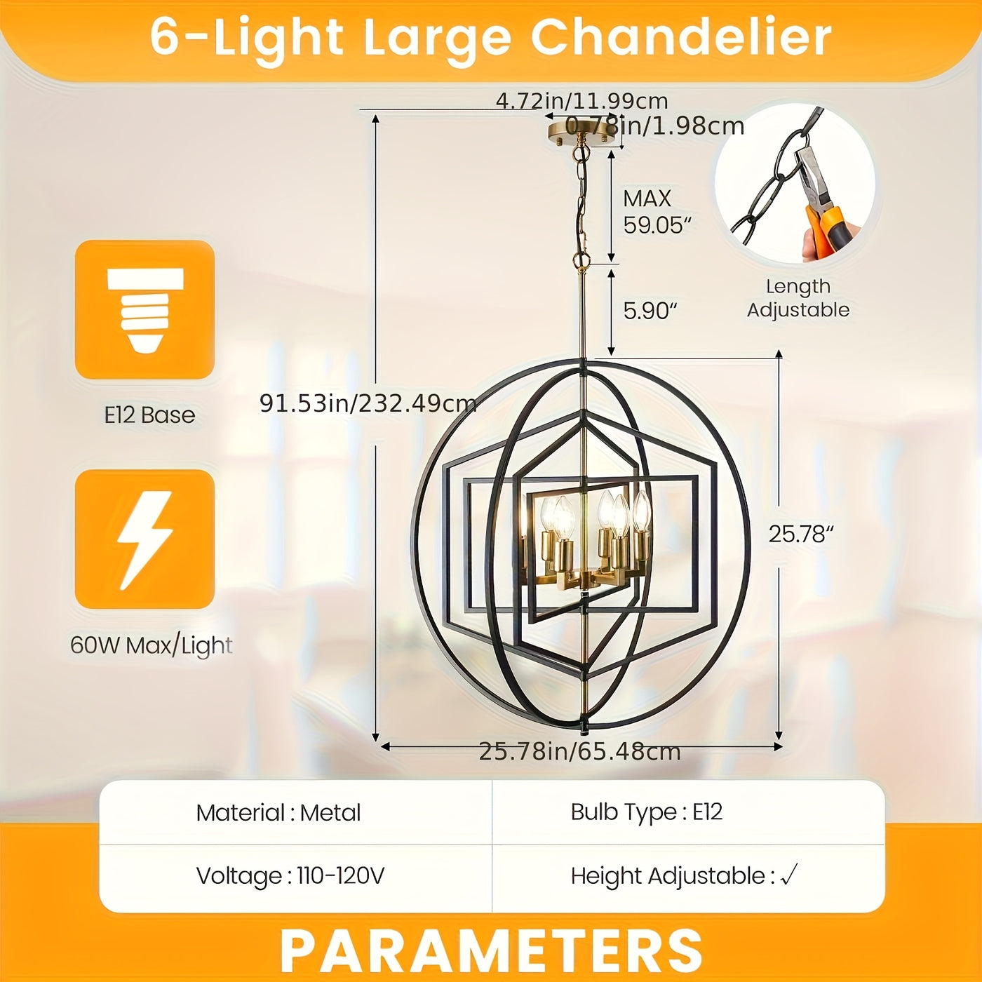 26" Farmhouse Chandelier, 6 Light Black And Golden Chandelier, Large Chandeliers For High Ceilings, Round Pendant Lights For Living Room, Staircase