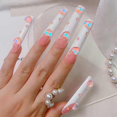 10pcs Super Long Square Press-On Nails, Pink & White Heart Design, Japanese/Korean/French Style, Elegant Minimalist, Pearlescent Finish, Chic Glossy Manicure Set
