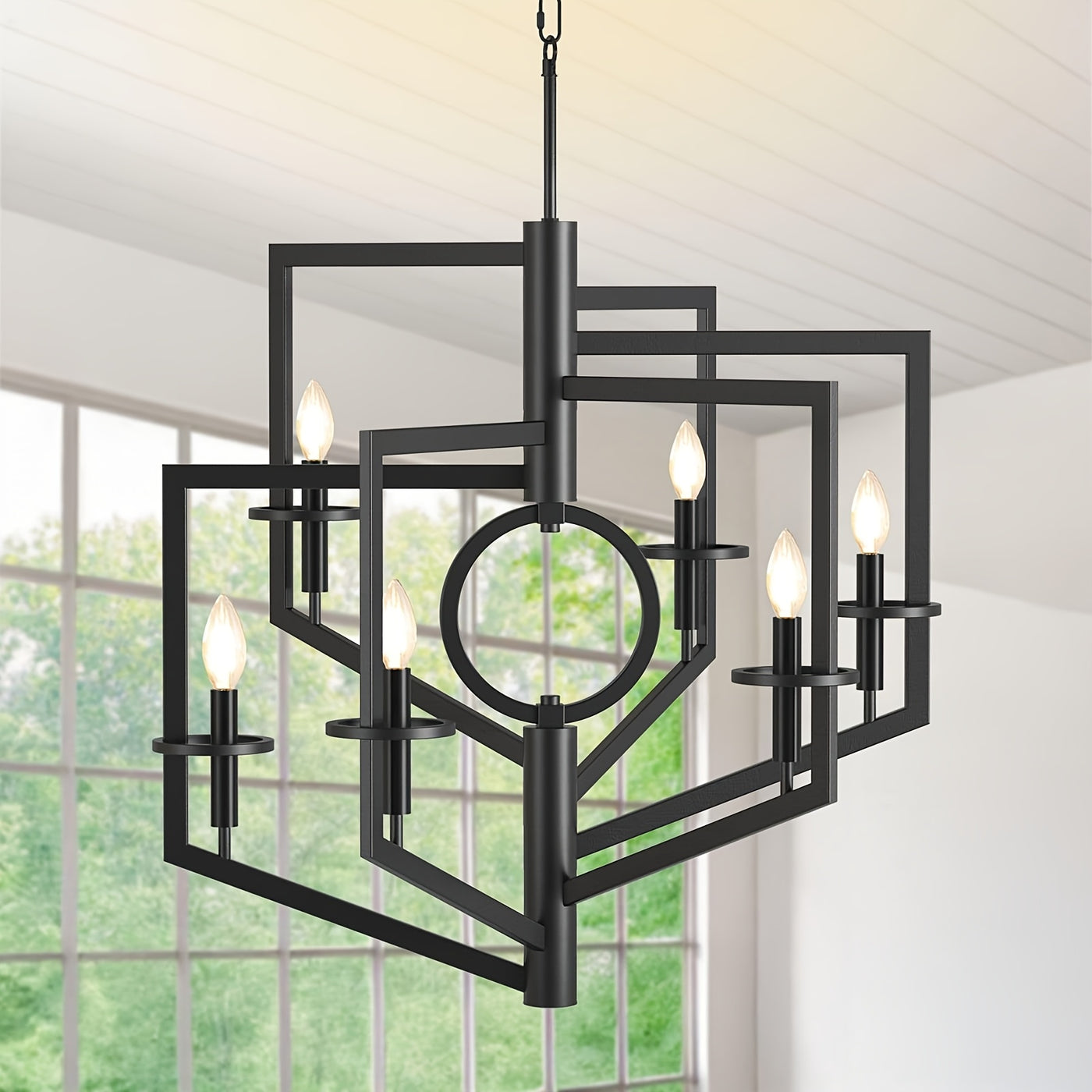 6-Light Black Chandelier for High Ceilings - Modern Adjustable Geometric Metal Fixture with Powder-Coated Finish, Semi-Flush Mount Entryway & Dining Room Lighting, E12 Bulb Compatible, No Assembly Required, Staircase Illumina
