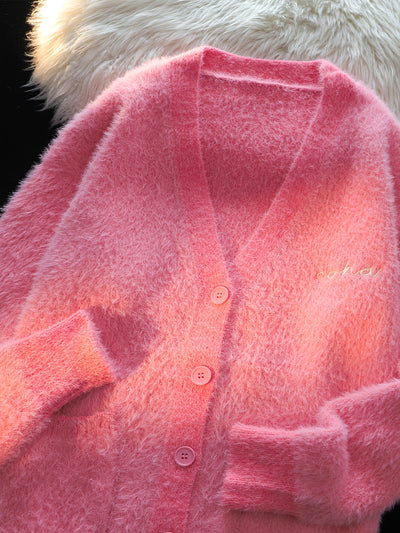 1pc Korean Style Casual V-Neck Pink Mink Soft Cardigan Sweater for Men - Loose Fit Polyester Knit with Embroidery Detail and Button Closure, Adult Fashion Essential for Autumn/Winter