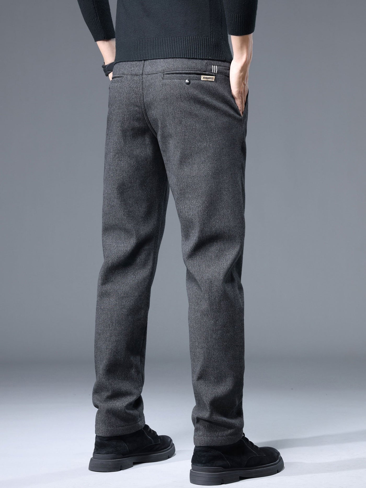 Men's Thermal Padded Slim Fit Trousers, 8891# Winter Woolen Men's Pants, Korean Style Business Casual, Polyester Blend, Regular Length, Zipper Closure, Straight Leg, Mid-Waist, Embroidery Detail, 420gsm