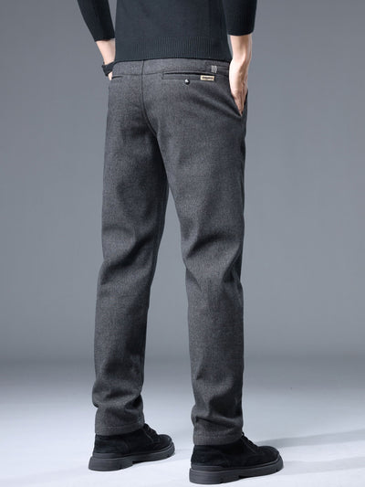 Men's Thermal Padded Slim Fit Trousers, 8891# Winter Woolen Men's Pants, Korean Style Business Casual, Polyester Blend, Regular Length, Zipper Closure, Straight Leg, Mid-Waist, Embroidery Detail, 420gsm
