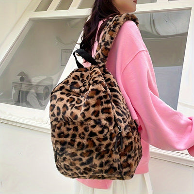 Women'S Cow Print Fleece Backpack, Korean Style Casual Shoulder Bag, Polyester Lining, Adjustable Straps, Zip Closure, Lightweight, Random Print, Versatile for School & Outings