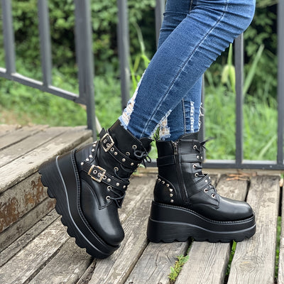 Women'S Chunky Heel Ankle Boots - Black Faux Cover Lace-Up with Metallic Buckle Straps, Round Toe & Thick Sole for Casual & Formal Outfits, High Heel Boots, Formal Footwear, Durable Footwear