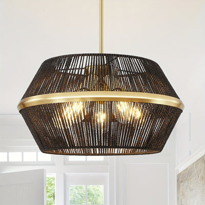 19" Adjustable Height 5-Light Black Rattan Farmhouse Chandelier - Hand-Woven Boho Pendant Light Fixture for High Ceilings, Rustic Dining Room & Kitchen, Easy Install with Hardware Included
