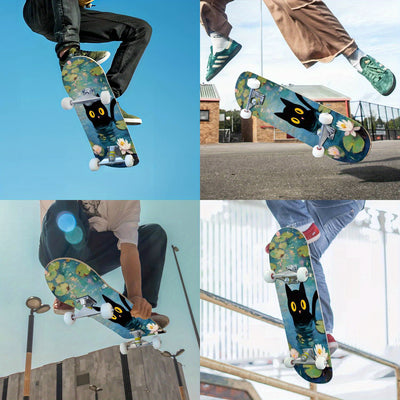 Black Cat Graphic Skateboard with Vibrant Street Art Design - Double Kicktail, ABEC-7 Bearings & Grip Tape for All Skill Levels - Durable Beginner to Pro Skateboard - Perfect Holiday Gift, Skateboarding for Fun, Playful Skate
