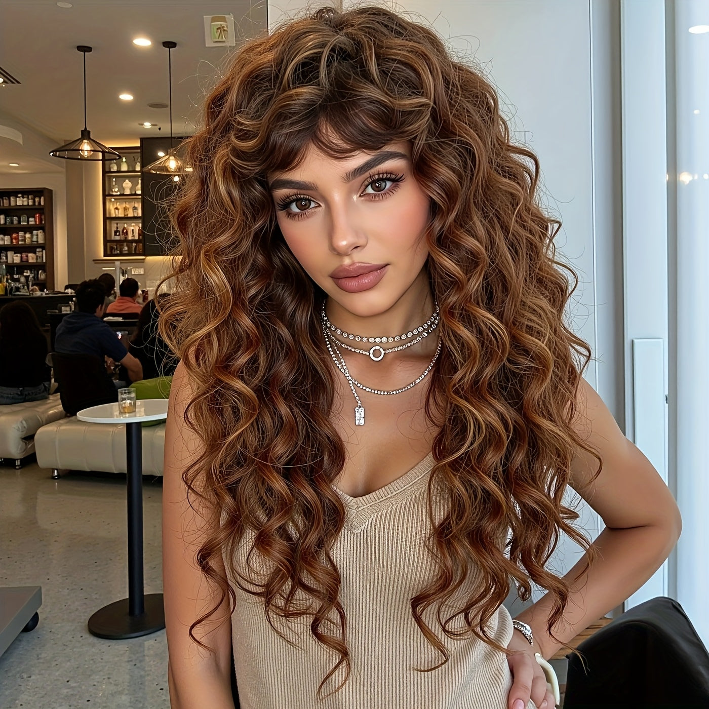 Afro Curly/Kinky Synthetic Wig with Brown Bangs