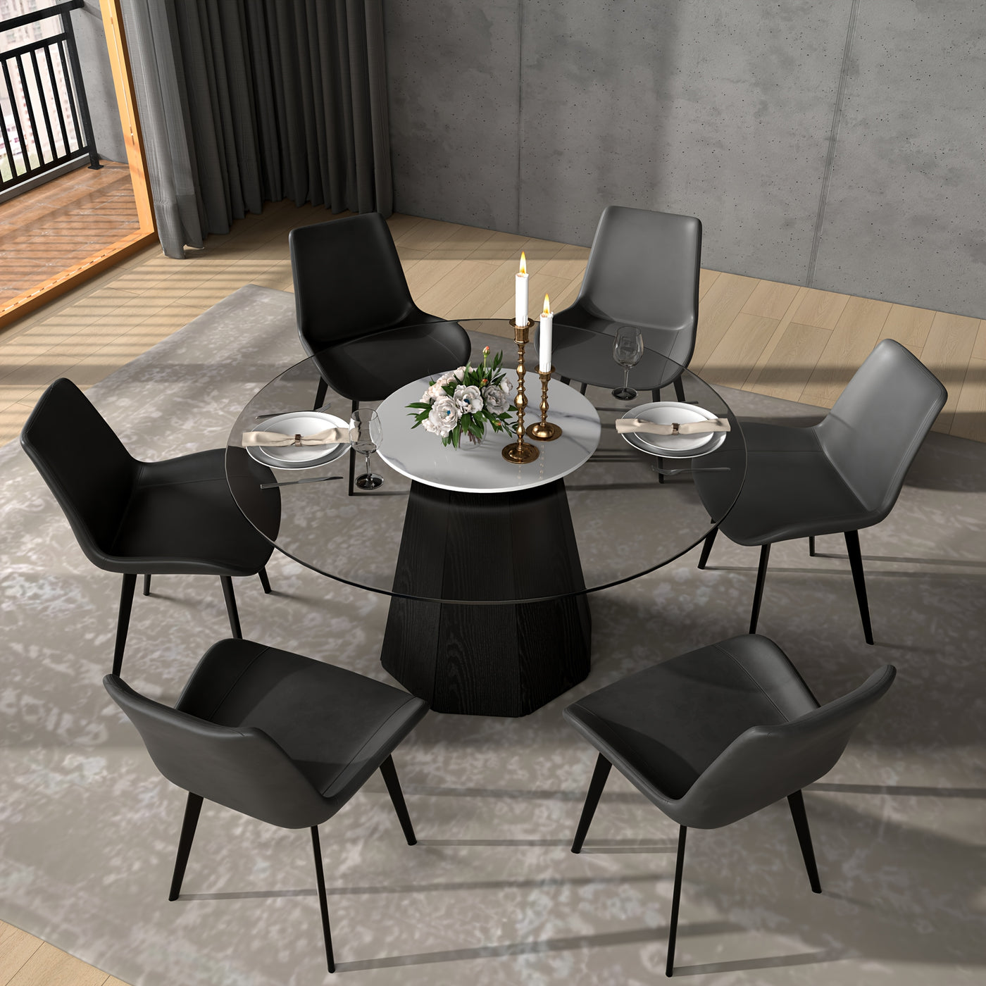 Glass Round Dining Table For 6-8, Modern Dining Table 59" Dining Room Table Round Black Glass Top With Solid Base For Kitchen