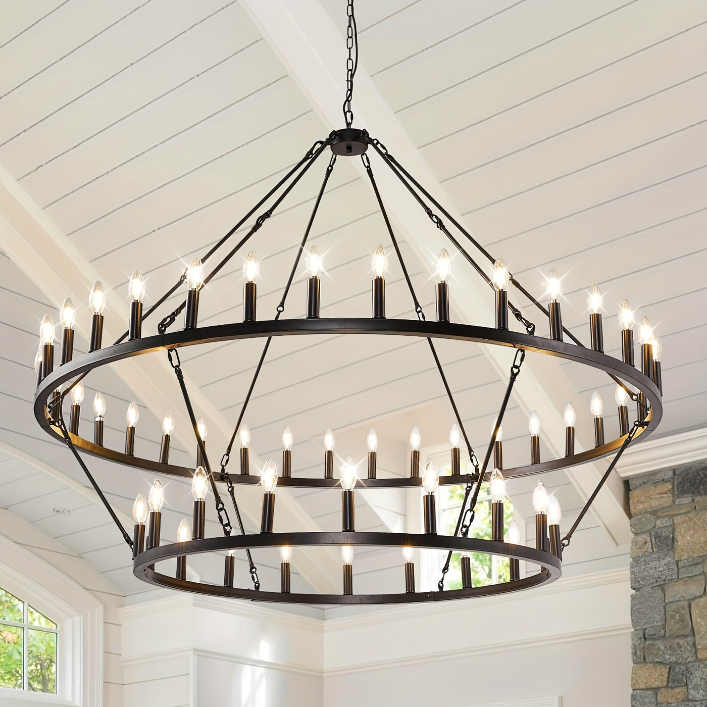 Modern Farmhouse Chandelier 2 Tier Round Wheel Chandelier Large High Ceiling Light.