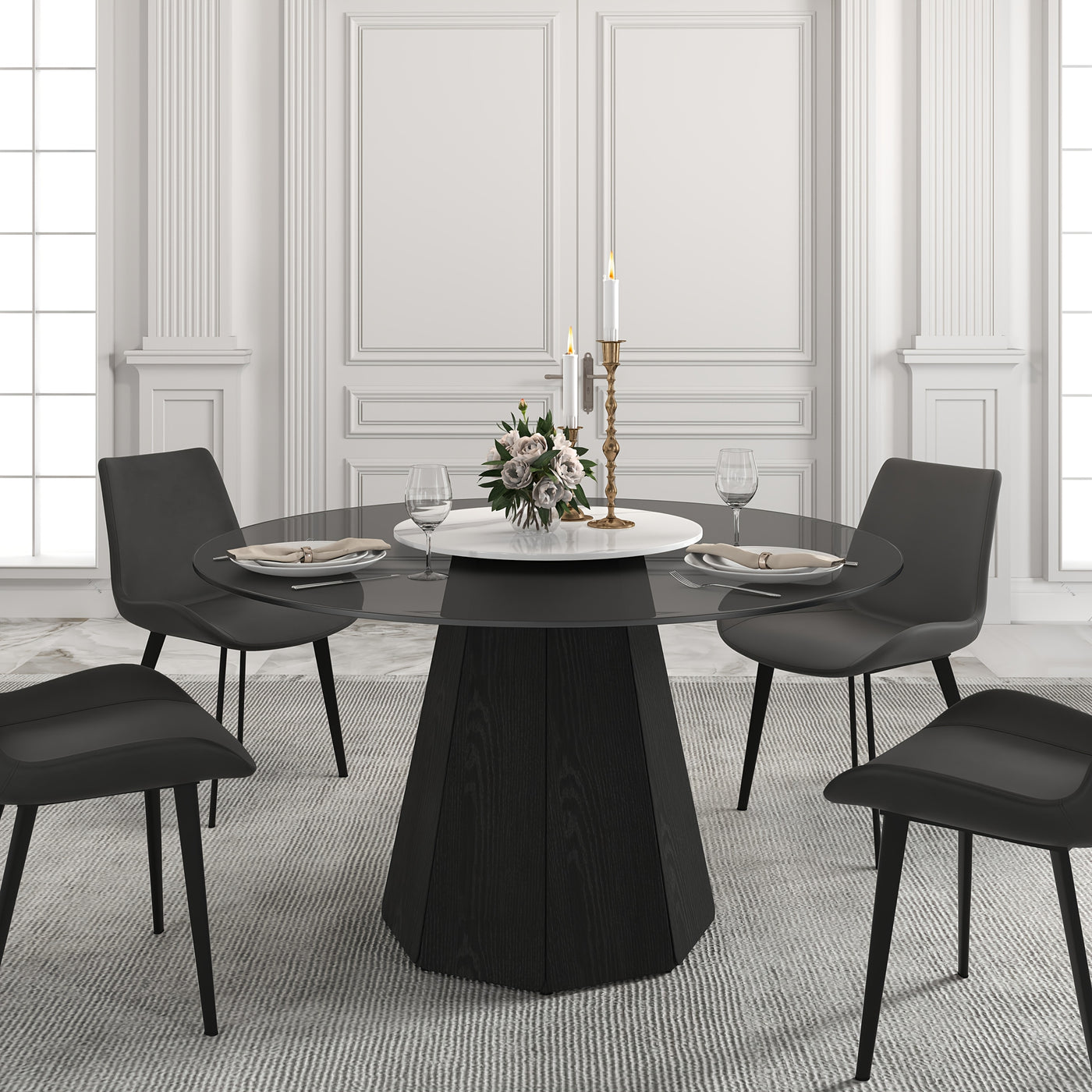 Glass Round Dining Table For 6-8, Modern Dining Table 59" Dining Room Table Round Black Glass Top With Solid Base For Kitchen