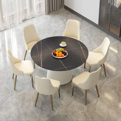 Round Dining Table For 6-8(Dining Table Only, Chairs Not Included), Marble Dining Room Table Round Kitchen Table, Glossy Sintered Stone Tabletop With Solid Metal Base, Circle Dining Table For Kitchen Dining Room Restaurant