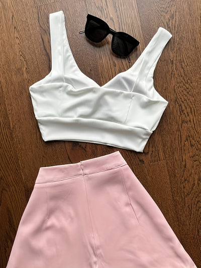 Chic V-Neck Crop Top, Versatile Pants Skirt & Long Sleeve Blazer Three-Piece Set - Polyester Blend, Solid Color, Pockets, Perfect for Spring/Summer, Chic Outfit