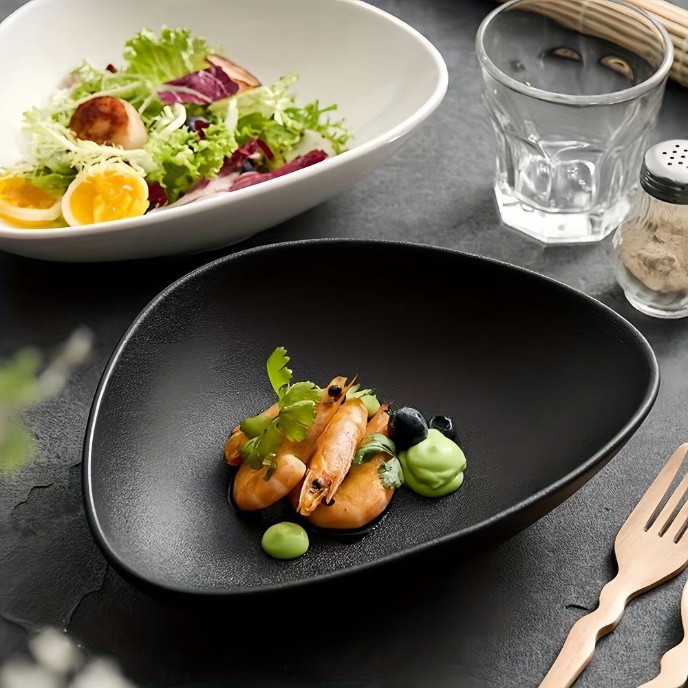 Set of 1 Triangle Japanese Style Ceramic Salad Bowl, 16.9 oz Microwave Safe Modern Matte Black Finish Novelty Serving Dish, Unique Fruit Salad Plate