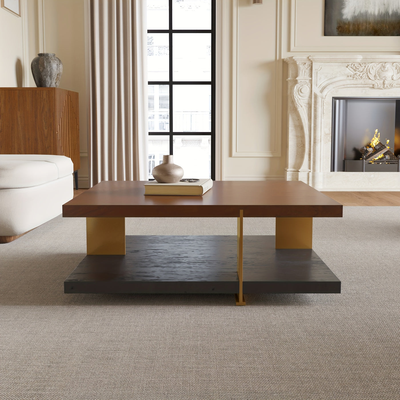 Wood Coffee Table - Mid Century Modern Square Coffee Table With Storage Shelf, 2-Tier Coffee Table Center Table For Living Room Office Apartment, 35.43"