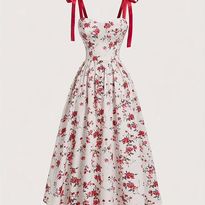 Elegant Off-Shoulder Floral Print Dress with Red Bow Straps