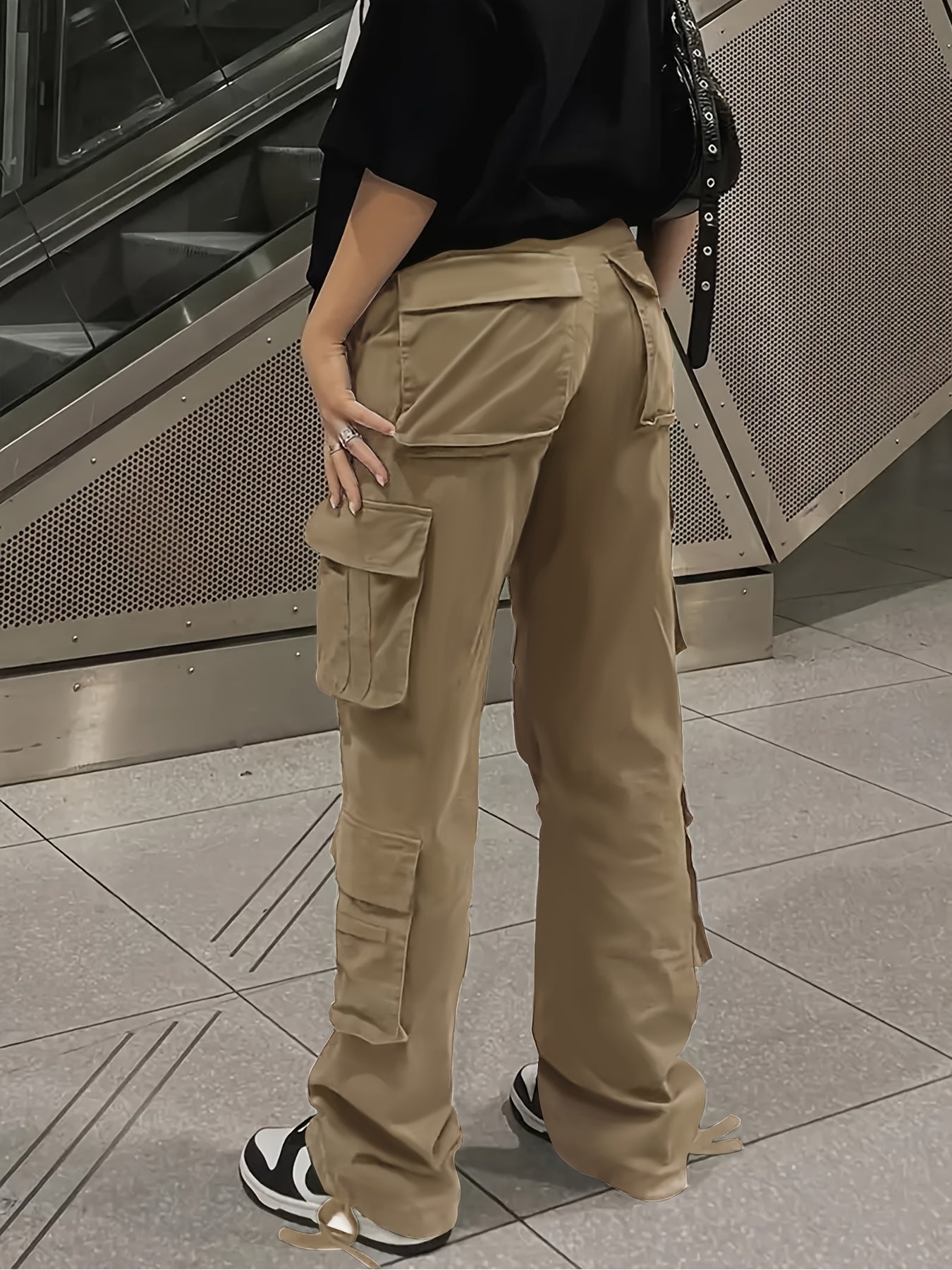 [Y2K Fashion Cargo Pants] Women's High-Waisted Cargo Pants with Flap Pockets, Y2K Kpop Style, Retro Streetwear, Loose Fit Polyester Straight Leg Trousers for All Seasons, Casual Wear Pants|Y2K Fashion|Polyester Fabri