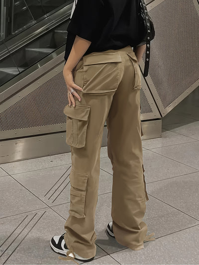 [Y2K Fashion Cargo Pants] Women's High-Waisted Cargo Pants with Flap Pockets, Y2K Kpop Style, Retro Streetwear, Loose Fit Polyester Straight Leg Trousers for All Seasons, Casual Wear Pants|Y2K Fashion|Polyester Fabri