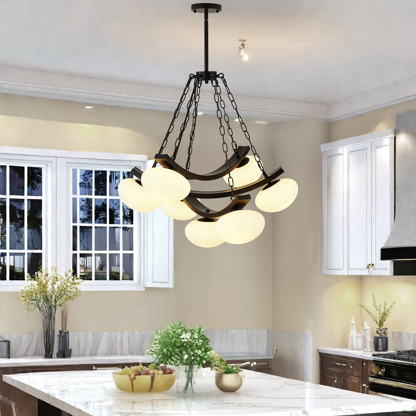 7-Light Golden Modern Sputnik Chandelier, Mid Century for Dining Room Light Fixtures Over Table, Adjustable Hanging Ceiling Light Fixture with Globe Glass Shades for Kitchen Island Living Room Bedroom, Dining Table Light, Cha