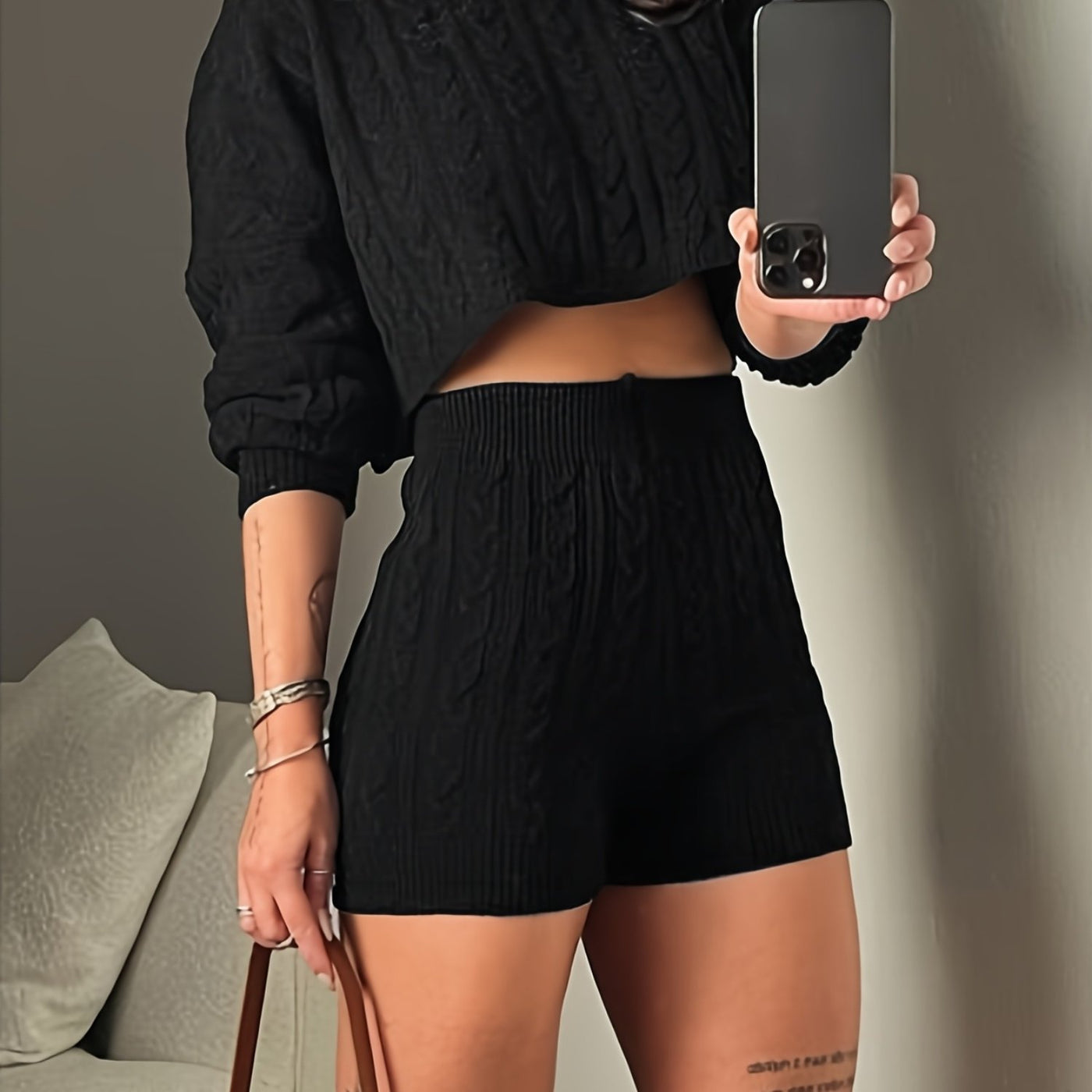 A Two-Piece Set Featuring a Round-Neck Long-Sleeve Cable- Cropped Sweater And High-Waisted Shorts for .