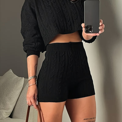 A Two-Piece Set Featuring a Round-Neck Long-Sleeve Cable- Cropped Sweater And High-Waisted Shorts for .