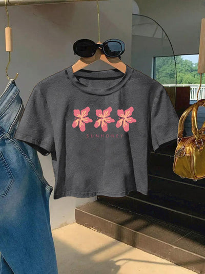 Women'S Floral Print Crop Top T-Shirt - "SUNHONEY" Design with Pink Butterflies, Casual Round Neck Short Sleeve Tee, Lightweight Polyester, Machine Washable, Perfect for Spring/Summer Outfits, Spring Fashion Top | Butterfly P