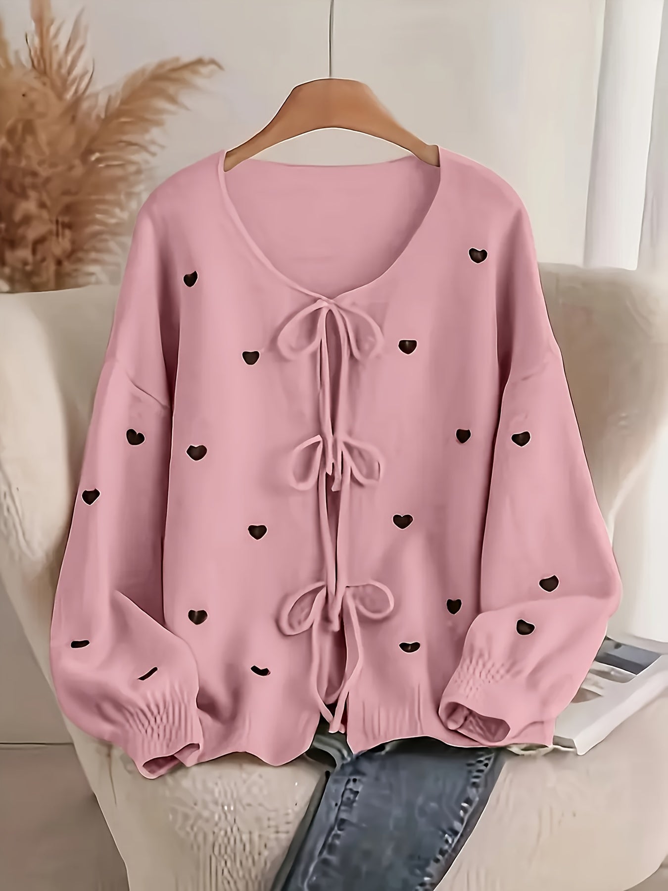 Women'S Soft Pink Sweater - Pastel Pink Cardigan with Front Tie-Waist, Heart Pattern, Boat Neck Longline Blouse for Fall/Winter Layering - Cozy Chic Sweater for Everyday Formal Outfits, Cute Sweaters, Winter Wardrobe, Feminin