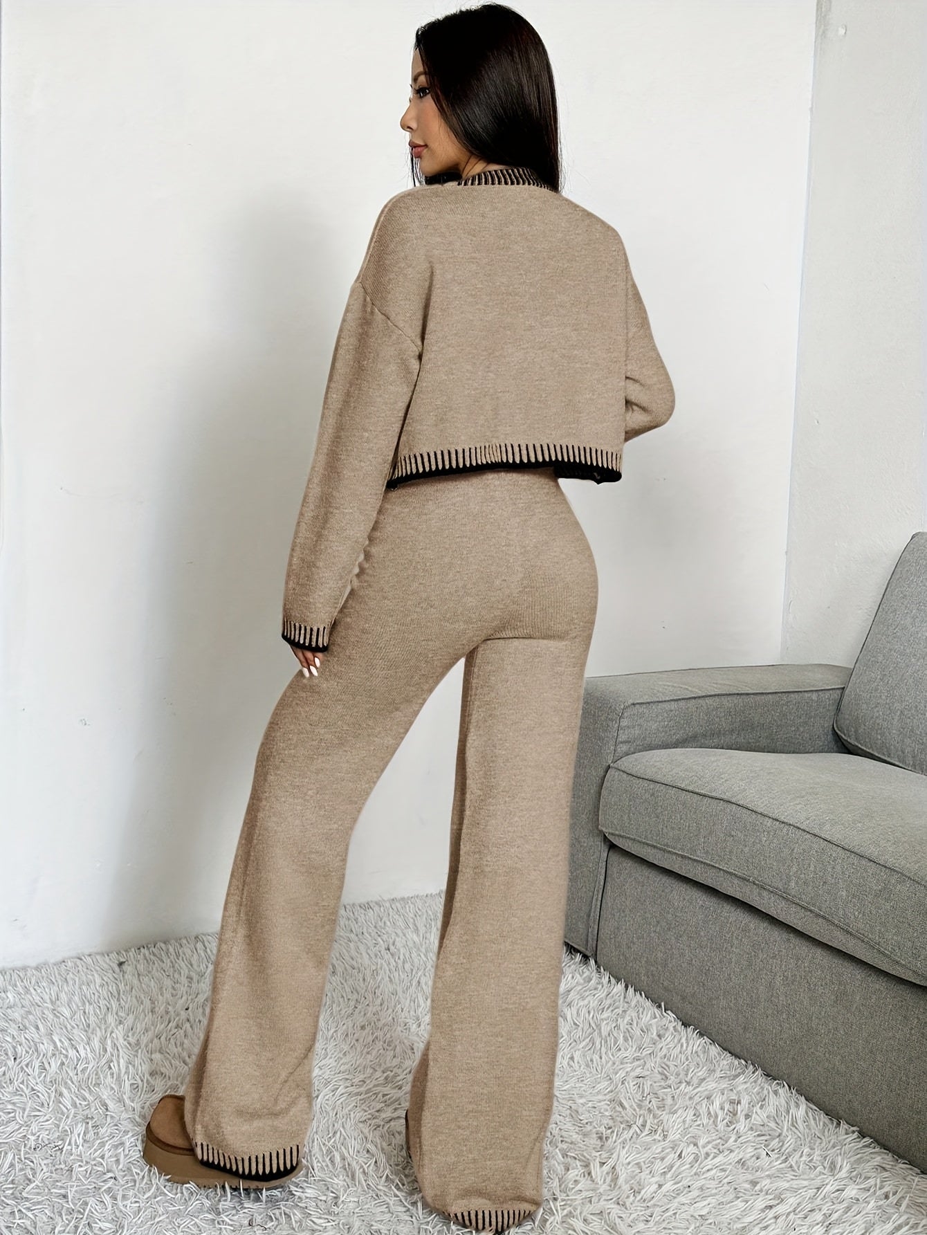 Set Long Sleeve Cardigan and Pants Button V-Neck Khaki Elegant Casual Sweater Outfit for Women Autumn Winter Fashion