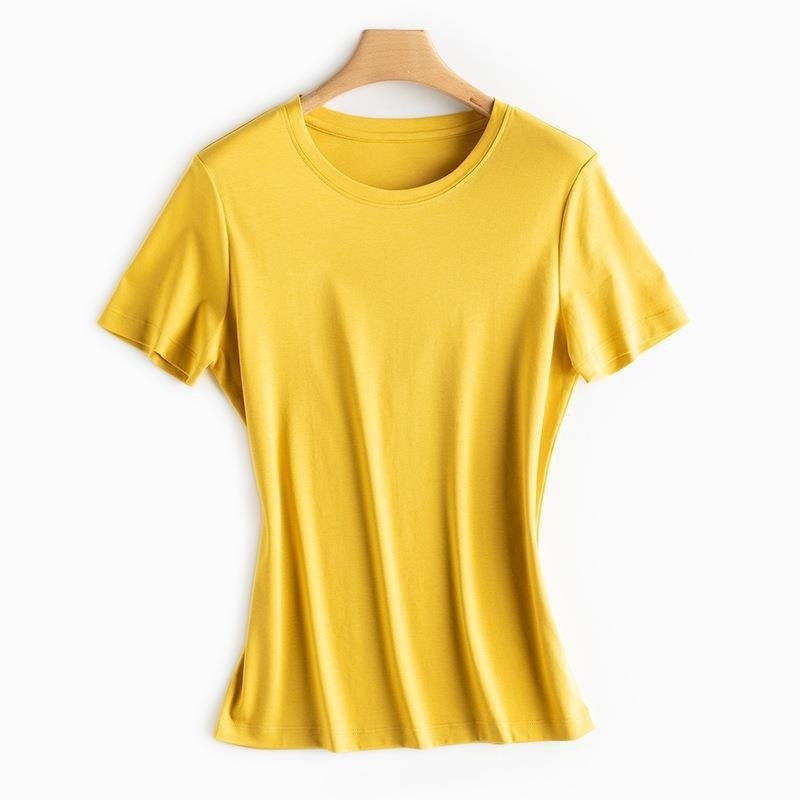 Mulberry Silk Women's Mercerized Cotton T-shirt Fine Solid Color Round Neck Short Sleeves