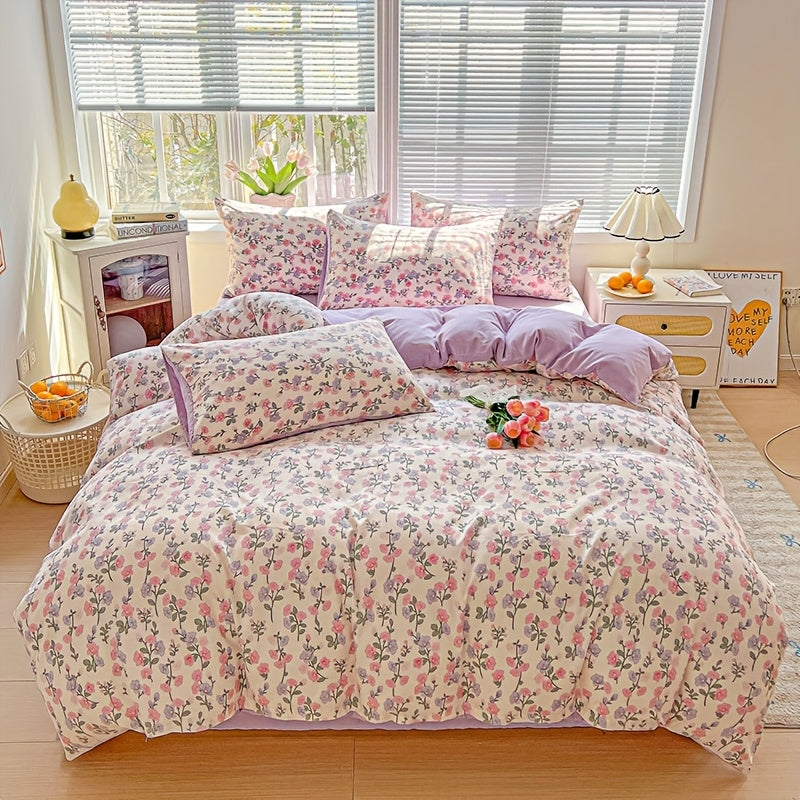 3pcs Korean Style Duvet Cover Set, New American Floral Duvet Cover Set with 1 Single Duvet Cover + 2 Pillowcases, Comfortable and Breathable, Machine Washable, Non-Fading and Deforming, Suitable for All Seasons, Light Beige-F