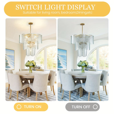 24" Modern Golden Chandelier with 8 Light Bulbs - Adjustable Round Glass Pendant for Dining Room, Kitchen Island, or Farmhouse Decor, Rustic Lighting Fixture with Polished Metal Finish, E12 Base, Compatible with LED/CFL Bulbs
