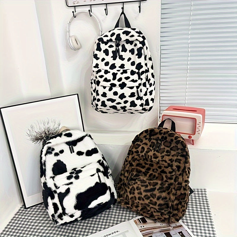 Women'S Cow Print Fleece Backpack, Korean Style Casual Shoulder Bag, Polyester Lining, Adjustable Straps, Zip Closure, Lightweight, Random Print, Versatile for School & Outings