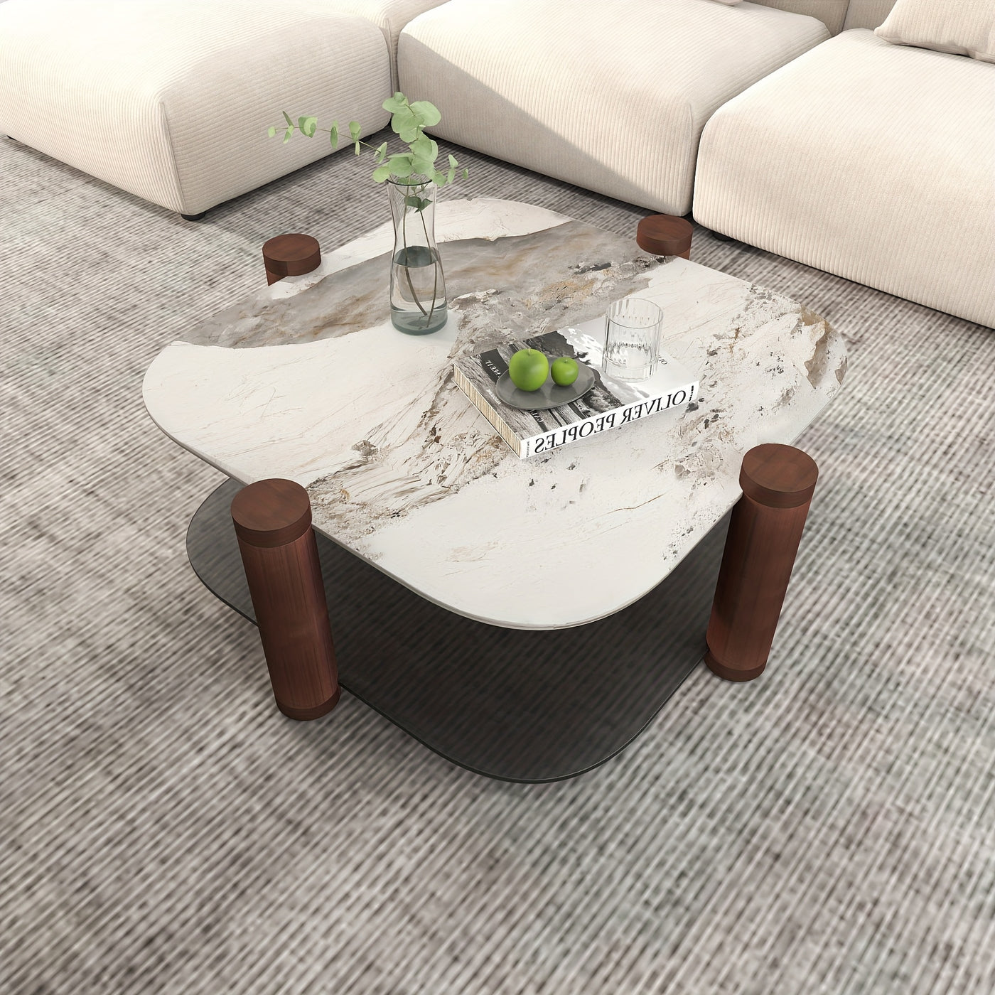 35.4 Inches Coffee Table, 2-layer Storage Space, Round Decorative Table, Rock Board And Glass Can Be Freely Matched, Suitable For Living Room, Bedroom, Small Space