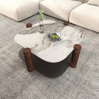 35.4 Inches Coffee Table, 2-layer Storage Space, Round Decorative Table, Rock Board And Glass Can Be Freely Matched, Suitable For Living Room, Bedroom, Small Space