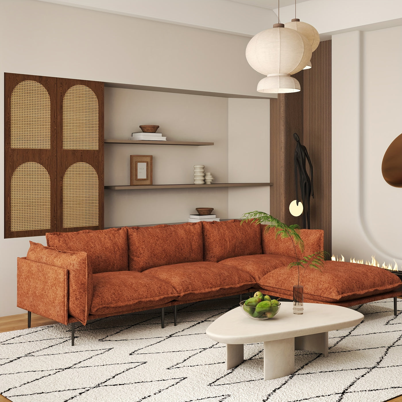111" L-Shaped Modular Sectional Sofa - 3-Seater Cloud Couch with Movable Ottoman, Deep Seat Low Plush White Modern Sofa for Living Room, Metal Frame & Pillow Backrest, No Assembly Required, Sectional Sofa for Living Room, Ver