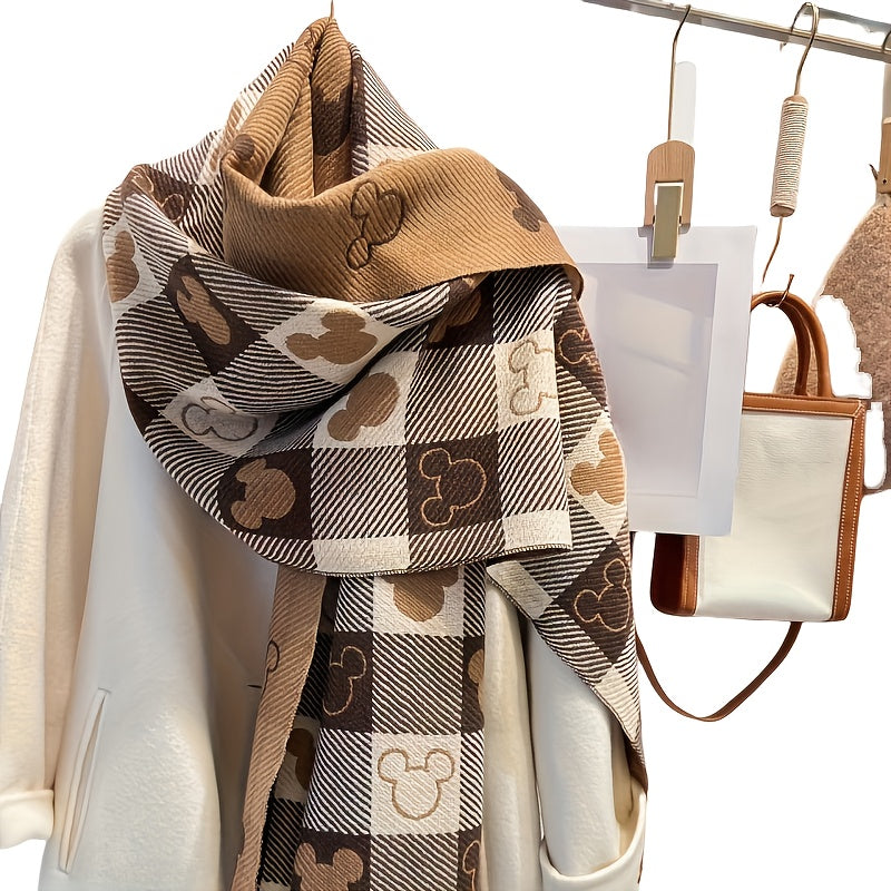 1pc Elegant Polyester Scarf for Women - Double-Sided Heart Check Pattern, Korean Tassel, Warm Shawl, Thick Versatile Wrap, Windproof, Decorative, Non-Elastic, Jacquard and Printed Design, Suitable for Mature Occasions