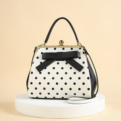 [Elegant Handbag] High Quality Lacquered Handbag | 2024 Autumn New Korean Polka Dot for Women - Kiss Lock Closure, Removable Shoulder Strap & Bow Detail, Glossy Patent Look (Black/White, Bronze, Pink & White) - Perfect for We