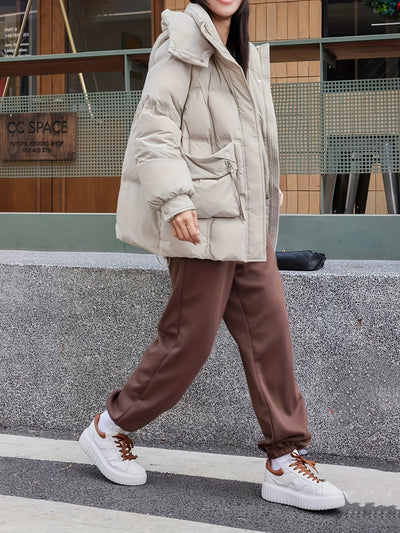 Women's Fashion Korean Style Mid-Length Puffer Coat, Thickened Warmth with Hood, Solid Color, Non-Stretch Polyester, Casual Loose Fit, Long Sleeve, Zipper Front, 180g Down, Winter Outerwear