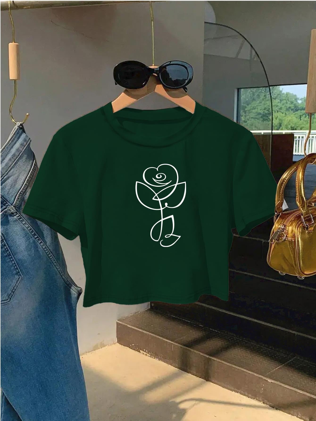 Red Rose Print Cropped T-Shirt