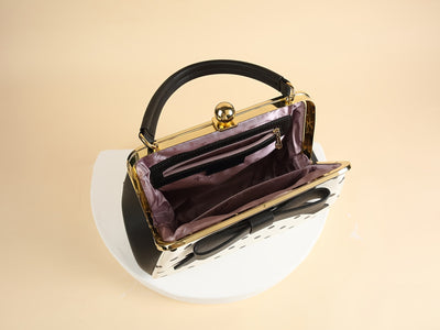 [Elegant Handbag] High Quality Lacquered Handbag | 2024 Autumn New Korean Polka Dot for Women - Kiss Lock Closure, Removable Shoulder Strap & Bow Detail, Glossy Patent Look (Black/White, Bronze, Pink & White) - Perfect for We
