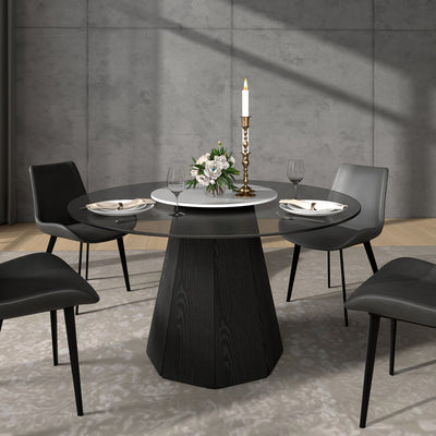 Glass Round Dining Table For 6-8, Modern Dining Table 59" Dining Room Table Round Black Glass Top With Solid Base For Kitchen