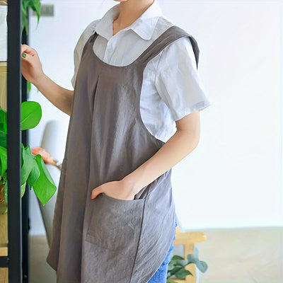 1pc Apron, Korean Retro Countryside Apron, Double Shoulder Strapless Women's Apron With Two Pockets, Great Unisex Apron For Work Clothes, For Comfortable Home Covering, Kitchen Supplies