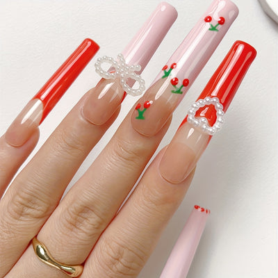 10pcs Y2K Minimalist Japanese & Korean Style Press-On Nails Set - Super Long Coffin Shape with Pink, Red Cherry, Polka Dots, Heart & Bow Knot Designs - Pearlescent Glossy Finish, Elegant & Cute Kawaii Nail Art Kit