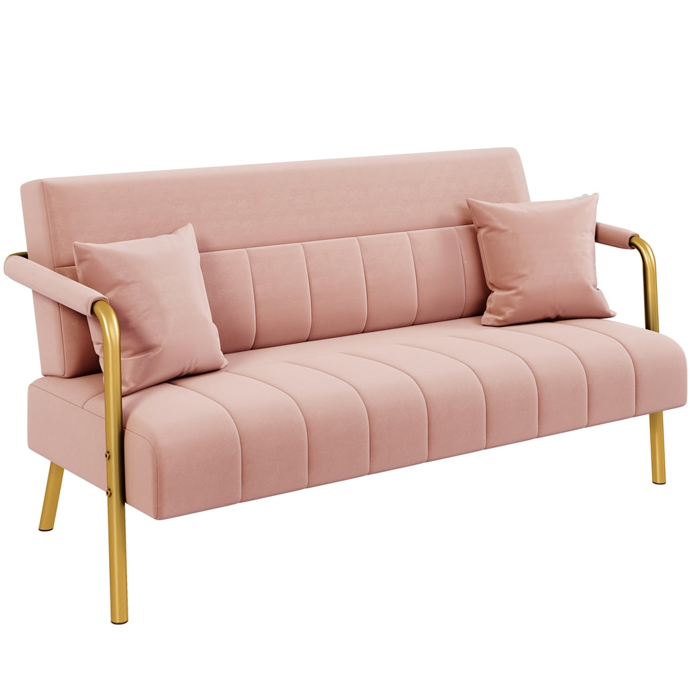 Costoffs Velvet Fabric Sofa Couch, 56.5″ W Modern Loveseat Couch with Gold-tone Metal Arms, Legs & 2 Pillows, Sofa for Living Room, Bedroom Furniture, Halloween Gift, Pink/Green/Gray