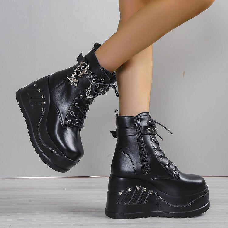 Women's Slip-On Chunky platform boots - Punk-chic ankle boots with non-slip rubber outsole, Faux Cover Shoes for Everyday & special events - Easy Slip-On Closure (Black), Wide Width Boots for Women, Womens Footwear, Woman Hig