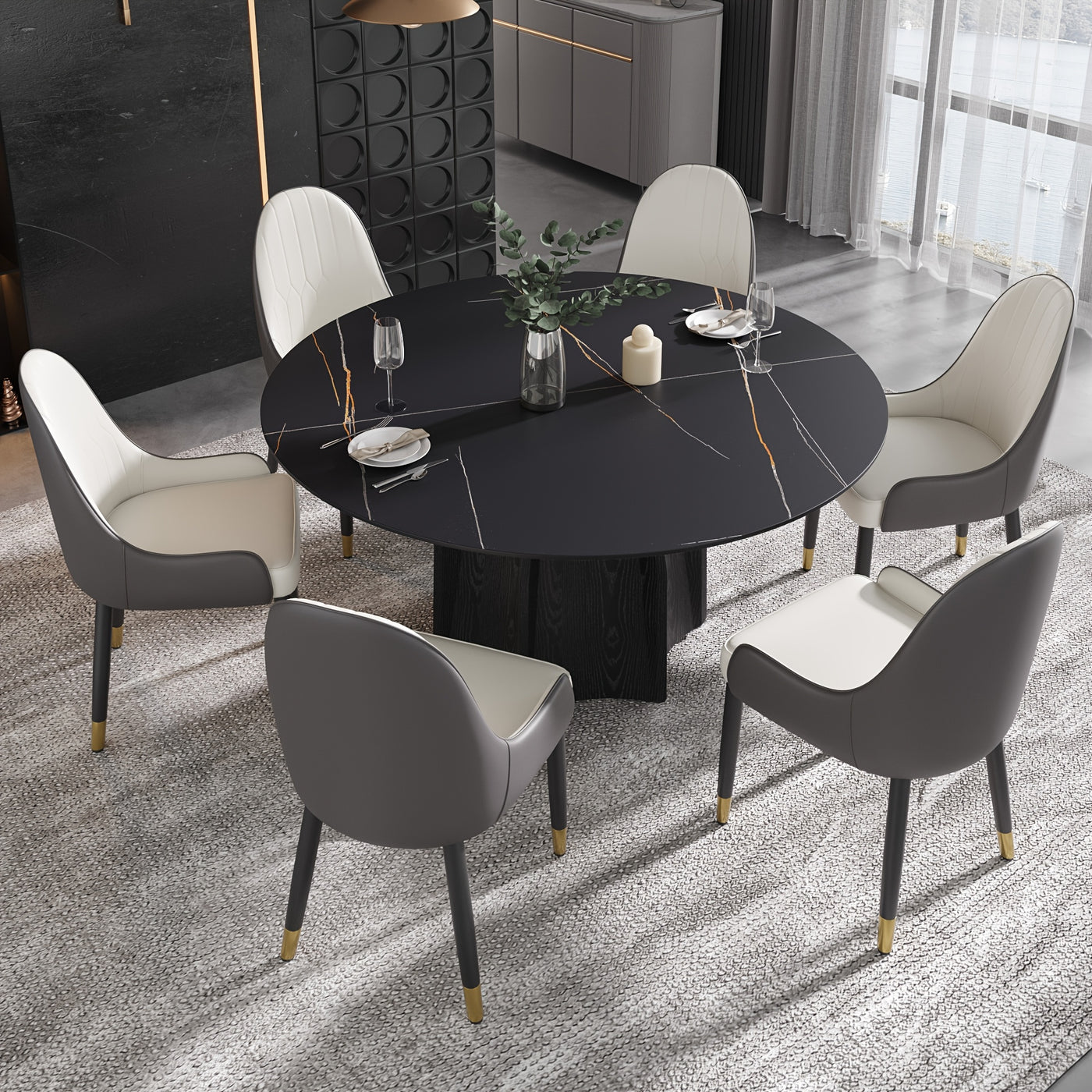 Modern Black Marble Round Dining Table with Lazy Susan - Glossy Sintered Stone Finish, Unique Metal Legs, Seats 4-6, Perfect for Kitchen or Dining Room, Elegant and Functional Design