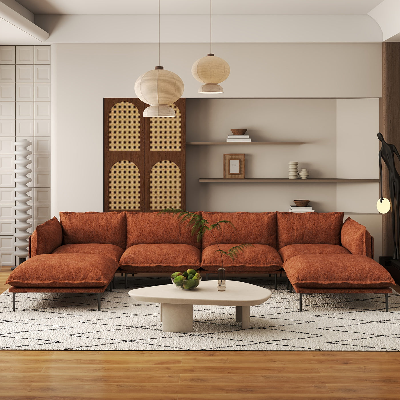 Modern Minimalist Upholstered Couches, U Shape Cloud Modular Sectional Sofa with 2 Ottoman, Comfort Deep Seat U Shaped Couch for Living Room