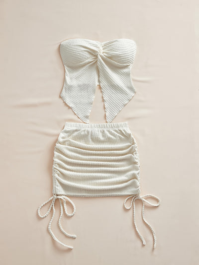 Solid Color Twist Strap Top and Side Drawstring Mini Skirt Set
