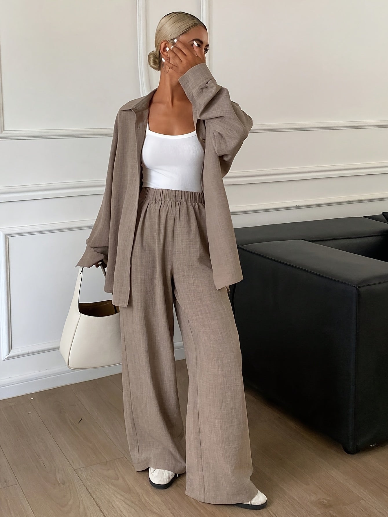 Women's Autumn/Winter Button- Solid Color Long Sleeve Shirt + Loose Fit Pants 2pcs Set