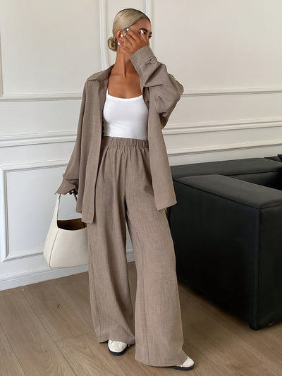 Women's Autumn/Winter Button- Solid Color Long Sleeve Shirt + Loose Fit Pants 2pcs Set